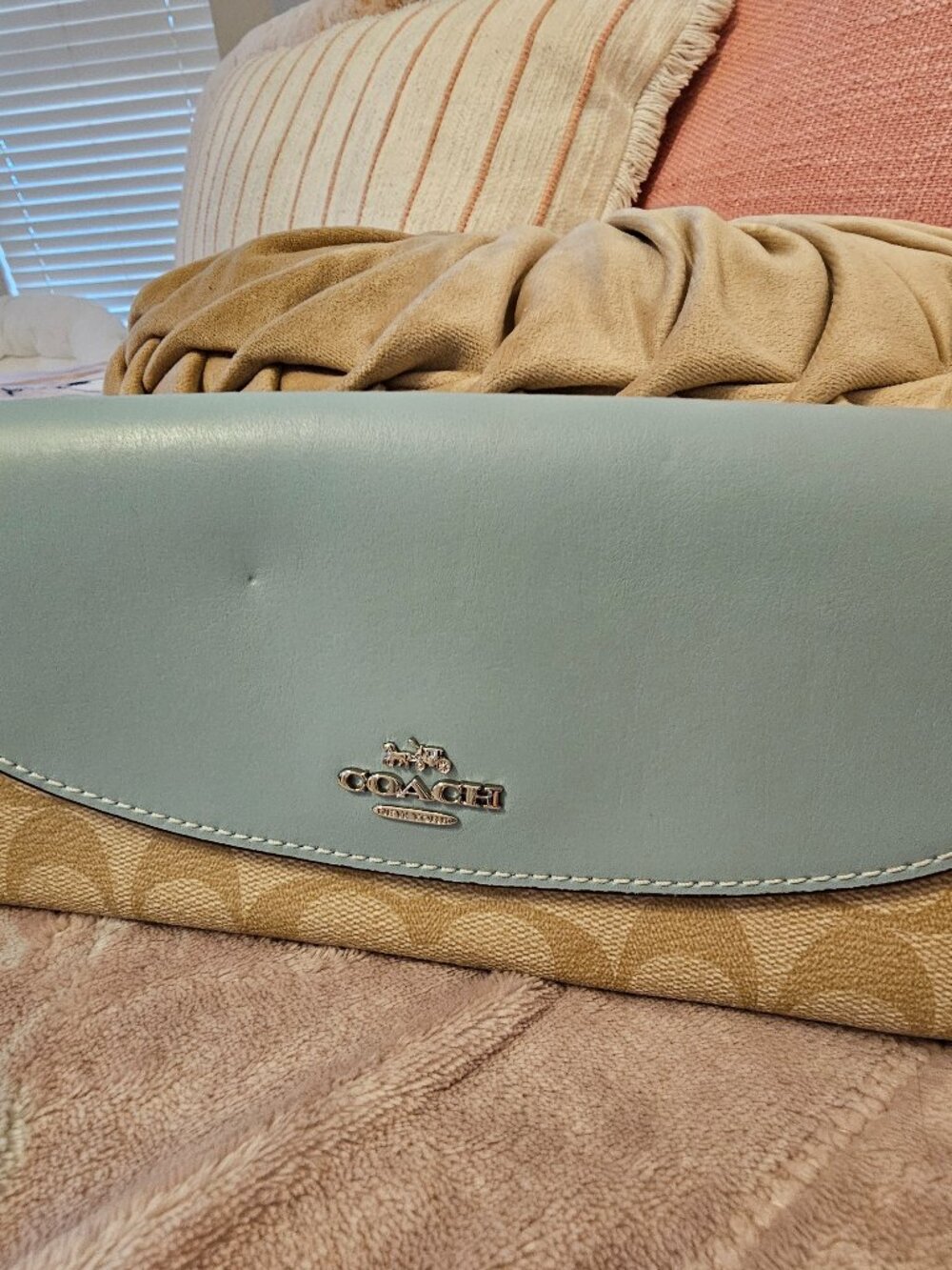 Coach Signature Canvas Envelope Slim Wallet Dusty Blue Leather Flap Khaki